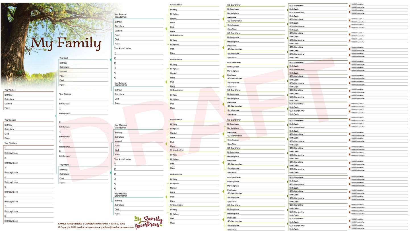 8 Generation Family Tree Chart (Paper, English & French)